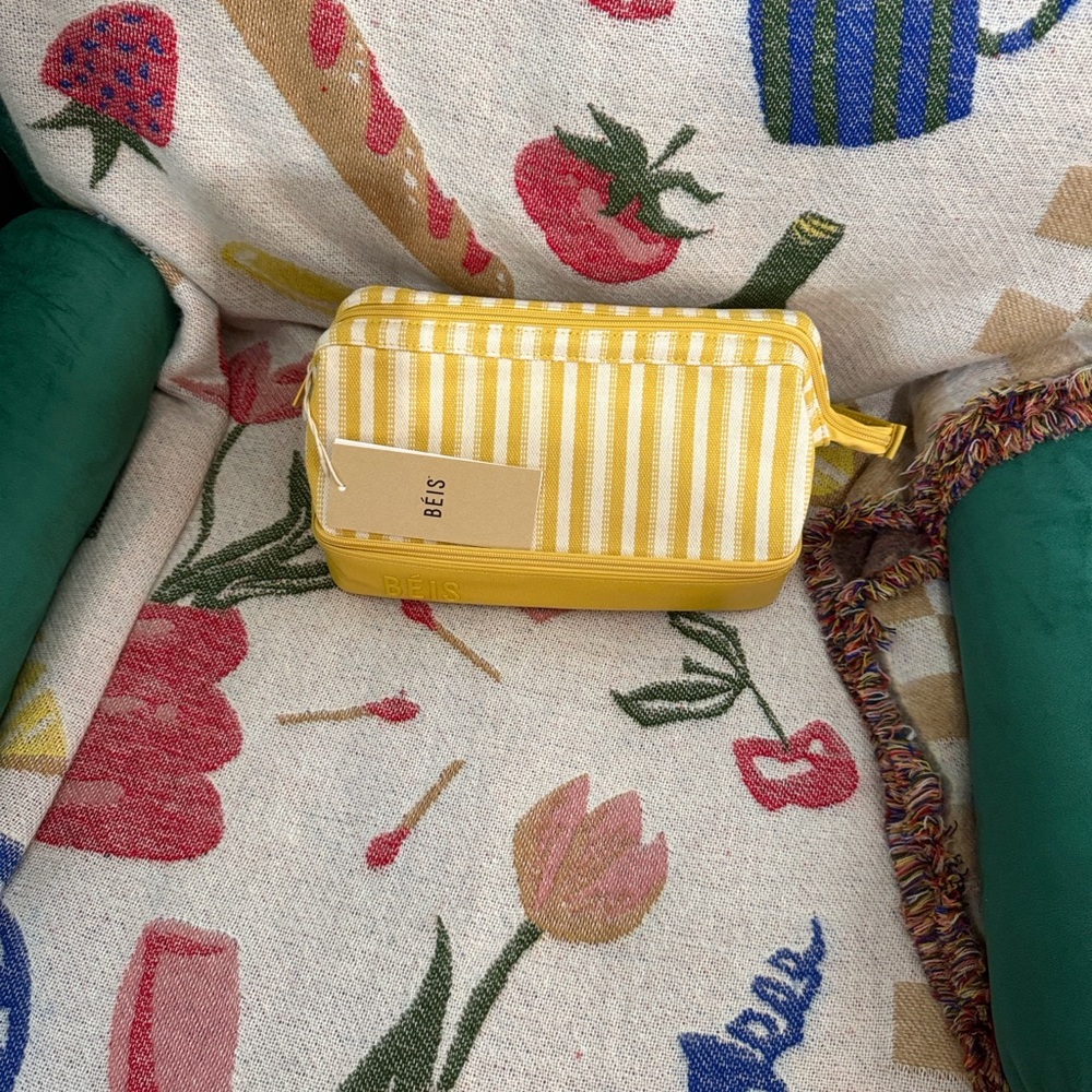 BEIS The Dopp Kit in Honey Stripe -Vibrant Yellow and White Striped Pouch
